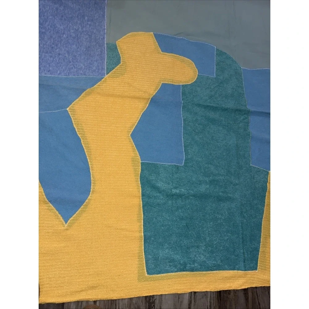 Vintage Abstract Color block throw Blanket Beach Picnic 73X48 In Blue Yellow